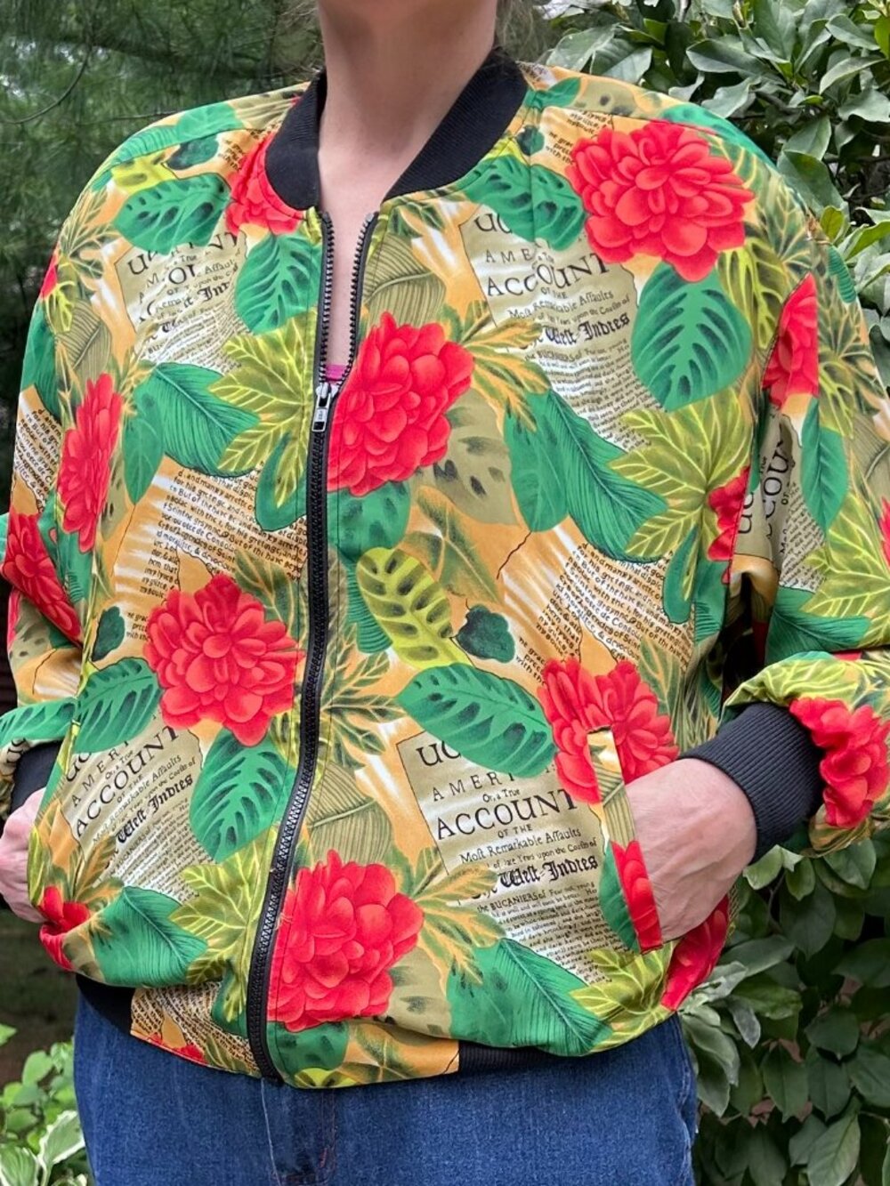 Vintage Notations Tropical Floral Newsprint Bucaniers Bomber Jacket Size M